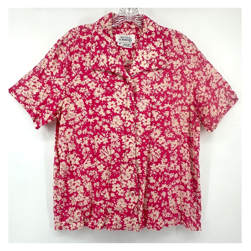Vintage Nicole Summers Petite 100% Silk Floral Button Up Blouse Pink Cream MP